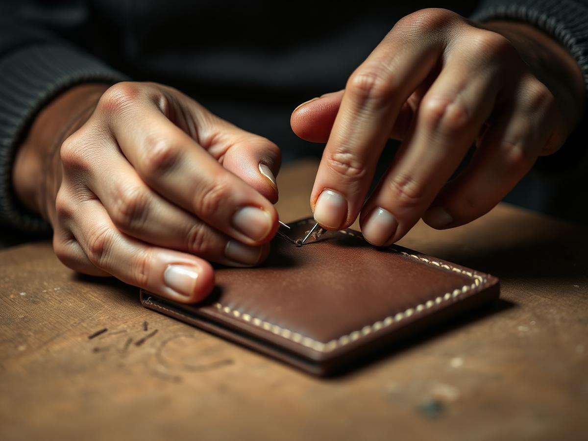 Artisan hand-stitching a leather wallet